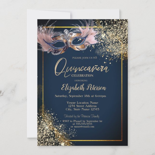 Invitation Masquerade Masque Glitter Navy Blue Quinceanera (Devant)
