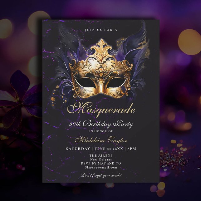 Invitation Masquerade Masque or violet Dramatique 50e anniver (50th birthday themes masquerade party venetian mask elegant classy watercolor purple gold black )