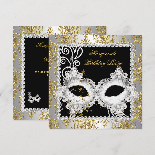 Invitation Masquerade Party Argent Gold Damask Black Mask 2 (Devant / Derrière)