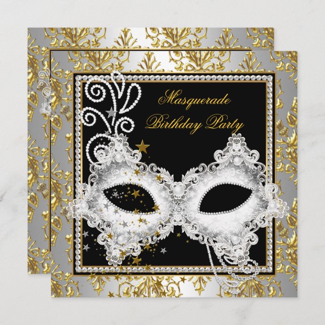 Invitation Masquerade Party Argent Or Damask Black Masque (Devant / Derrière)