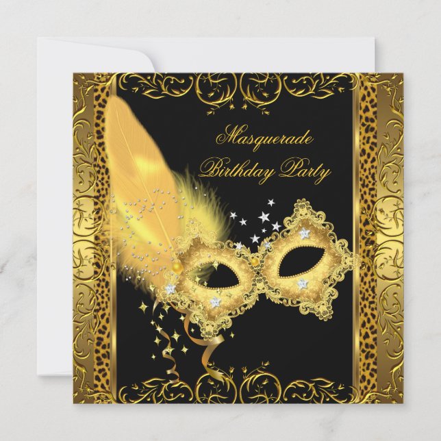 Invitation Masquerade Party Gold Black Leopard Masque (Devant)
