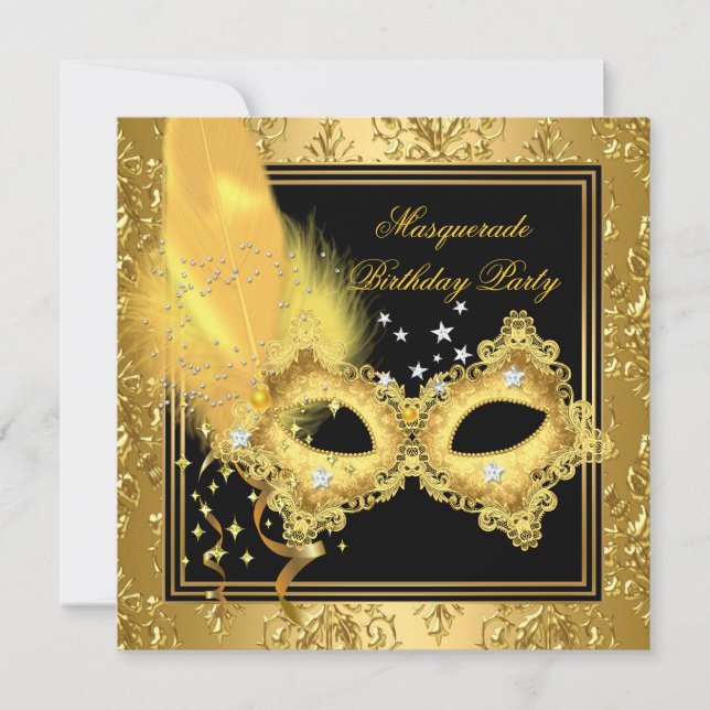 Invitation Masquerade Party Gold Damask Black Yellow Mask 2 (Devant)