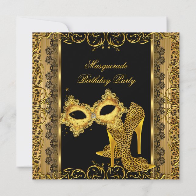 Invitation Masquerade Party Gold Leopard Masque talons hauts  (Devant)