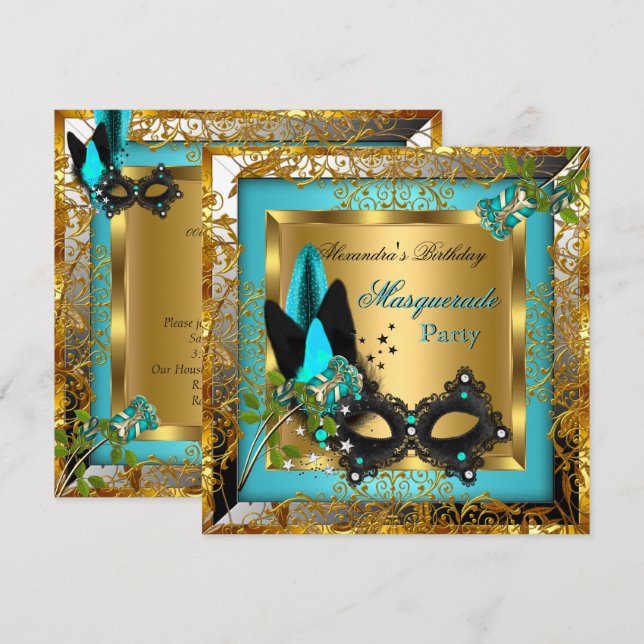 Invitation Masquerade Party Gold Turquoise Black Mask Rose (Devant / Derrière)