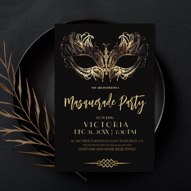 Invitation Masquerade Party Luxe Black Gold Anniversaire (Créateur téléchargé)