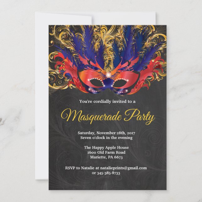 Invitation Masquerade Party Magique nuit Rouge Gold Blue (Devant)