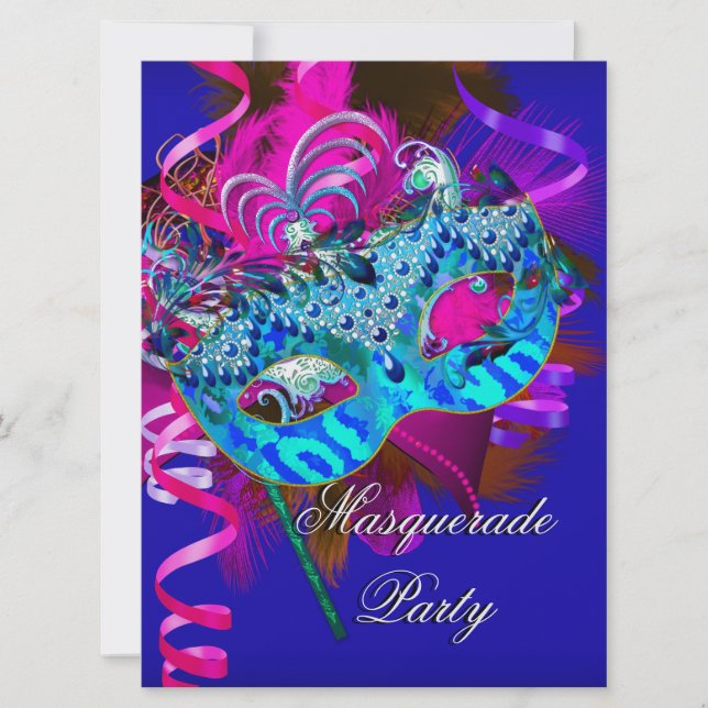Invitation Masquerade Party Masque bleu Turquoise rose métal (Devant)