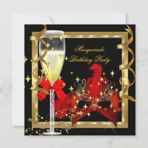 Invitation Masquerade Party Rouge Masque d'or Champagne