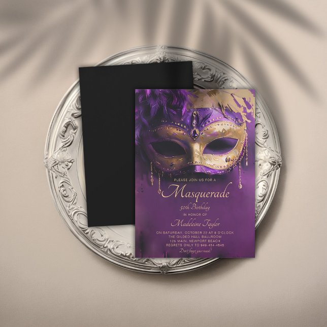 Invitation Masquerade Purple Gold Venetian Mask 50e anniversa (masquerade 50th birthday party invitation glamorous gold purple venetian mask elegant modern classy)