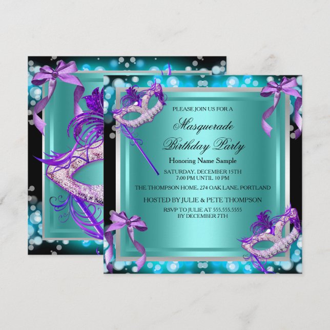Invitation Masquerade Purple Masques Turquoises fête d'annive (Devant / Derrière)