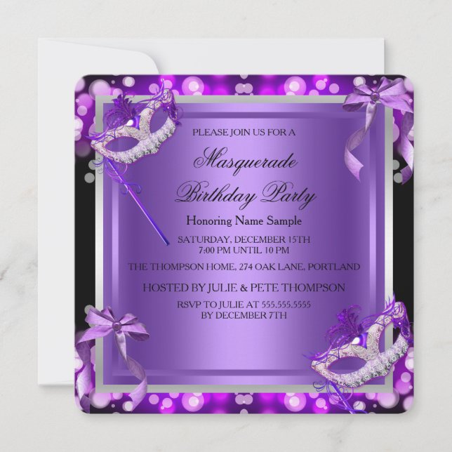 Invitation Masquerade Purple Rose Masques Anniversaire fête 2 (Devant)