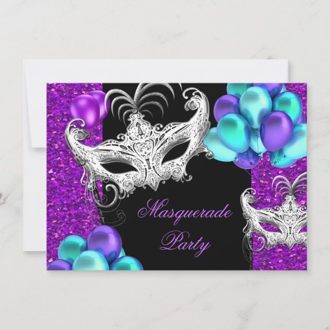 Invitation Masquerade Purple Turquoise Blue Parties scintilla (Devant)