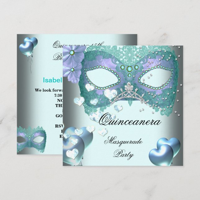Invitation Masquerade Quinceanera 15 fête d'anniversaire Turq (Devant / Derrière)