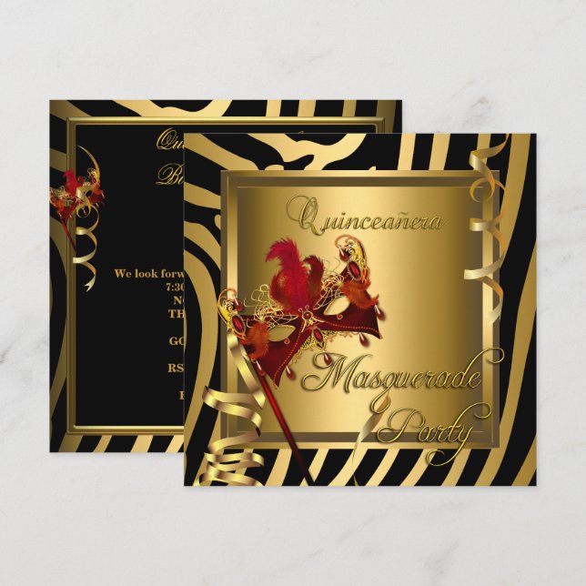 Invitation Masquerade Quinceanera 15 Zebra Red Anniversaire (Devant / Derrière)