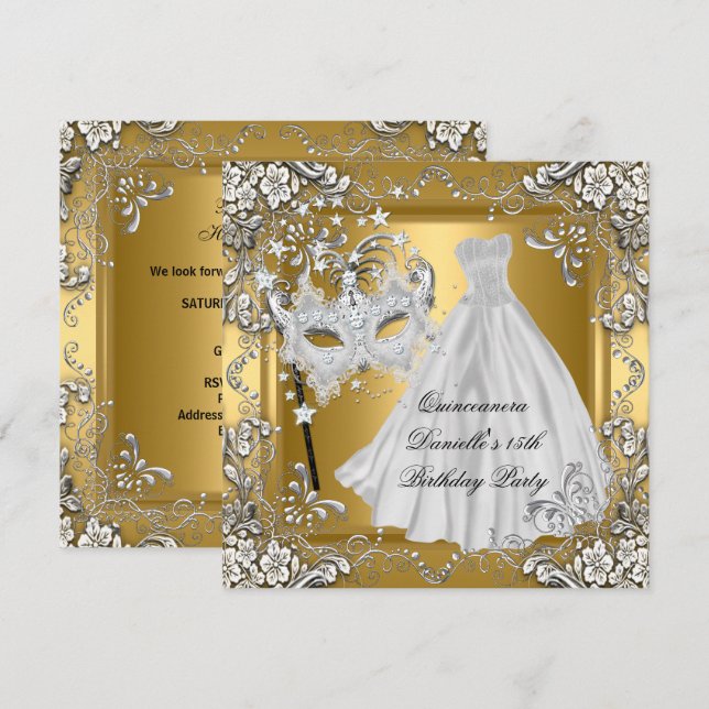 Invitation Masquerade Quinceanera 15e anniversaire Masque Or (Devant / Derrière)
