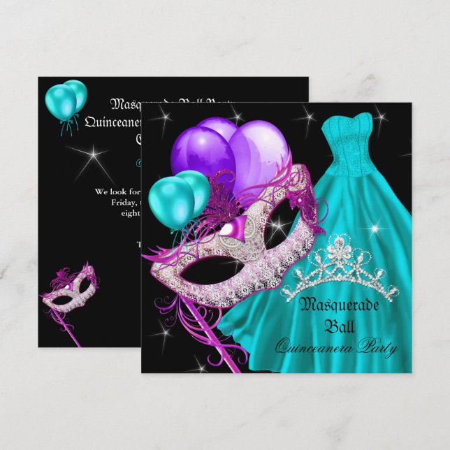 Invitation Masquerade Quinceanera Anniversaire Turquoise pour (Devant / Derrière)