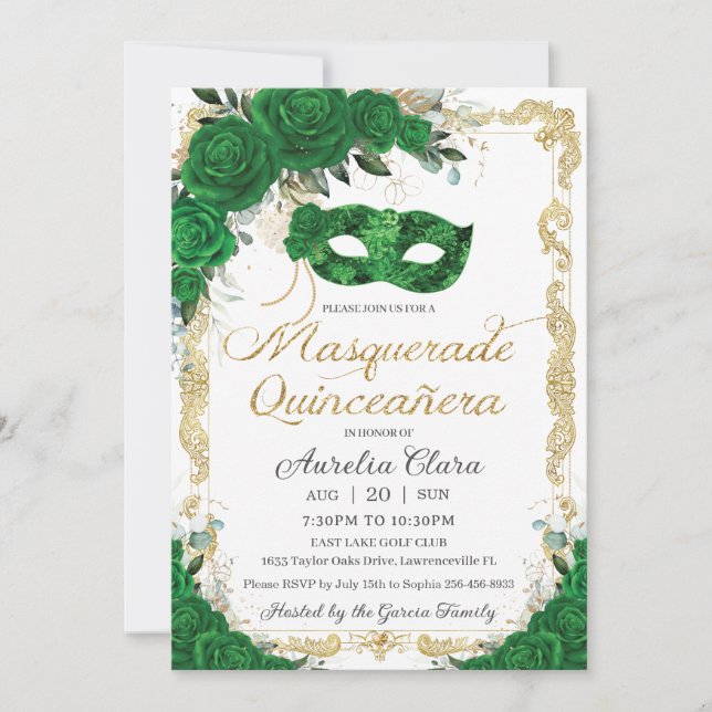 Invitation Masquerade Quinceañera Emerald Green Floral Gold (Devant)