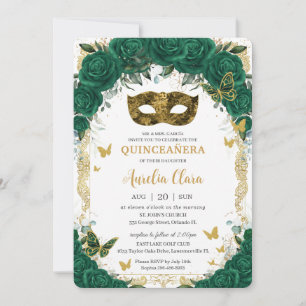 Invitation Masquerade Quinceañera Emerald Green Floral Gold