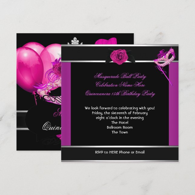 Invitation Masquerade Quinceanera fête d'anniversaire rose (Devant / Derrière)