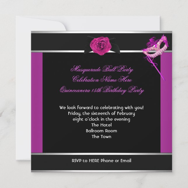 Invitation Masquerade Quinceanera fête d'anniversaire rose (Devant)