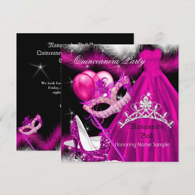 Invitation Masquerade Quinceanera fête d'anniversaire rose 3 (Devant / Derrière)