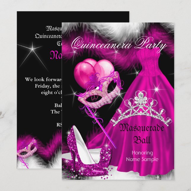 Invitation Masquerade Quinceanera fête d'anniversaire rose 3a (Devant / Derrière)