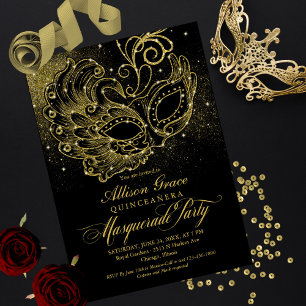 Invitation Masquerade Quinceañera Or Noir