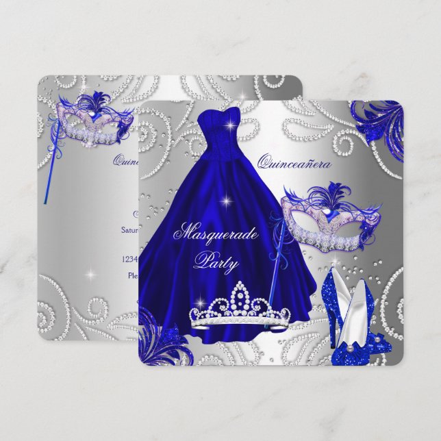 Invitation Masquerade Quinceanera Party Blue robe en argent (Devant / Derrière)