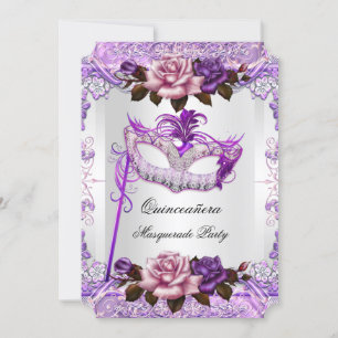 Invitation Masquerade Quinceanera Rose rose violet argent