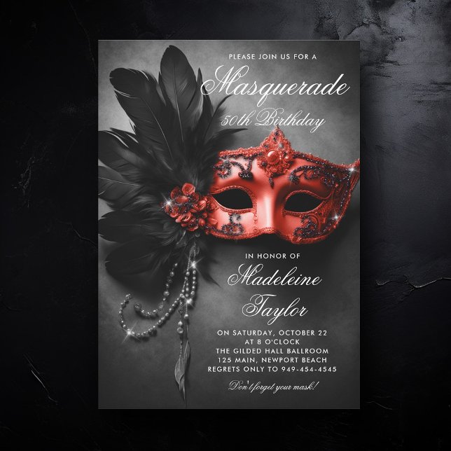 Invitation Masquerade Rouge Noir Élégant Chic 50e anniversair (50th birthday invitation for women masquerade theme black red glitter feathers elegant painting)