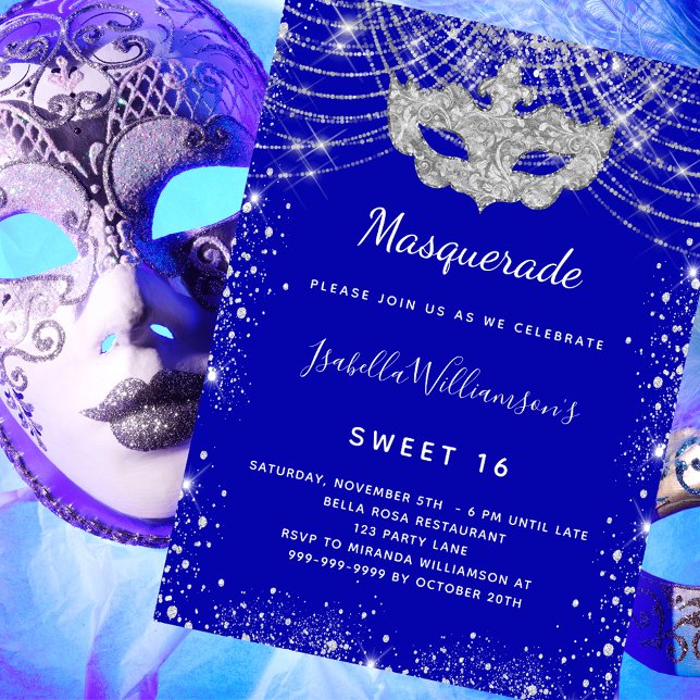 Invitation Masquerade royal bleu argent Sweet 16 fête (Créateur téléchargé)