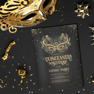 Invitation Masquerade Sparkly Parties scintillant or noir Qui