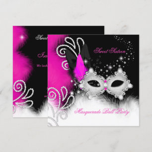 Invitation Masquerade Sweet 16 Masque à plumes Noir Rose Chau