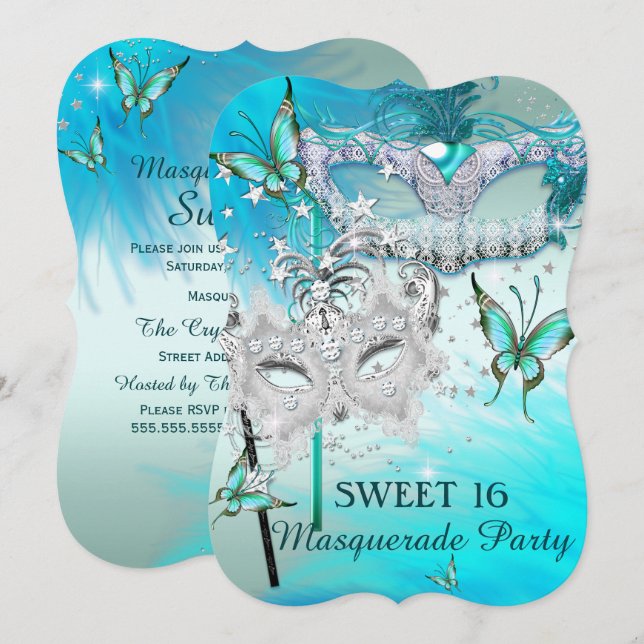Invitation Masquerade Sweet 16 Masque Diamant de Monnaie Turq (Devant / Derrière)