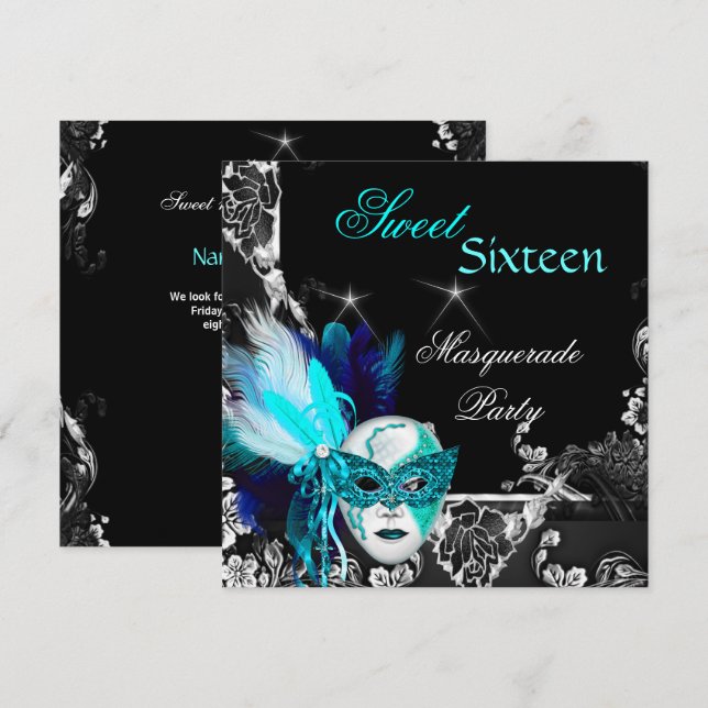 Invitation Masquerade Sweet 16 Masque Turquoise Blue Black Pa (Devant / Derrière)