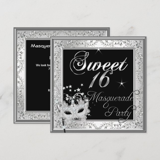 Invitation Masquerade Sweet 16 Seize Anniversaire Noir Blanc (Devant / Derrière)