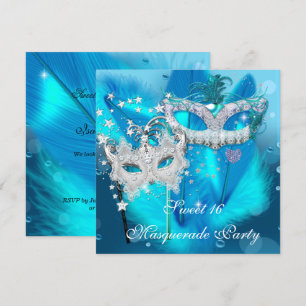Invitation Masquerade Sweet 16 Turquoise Masque de plumes ble
