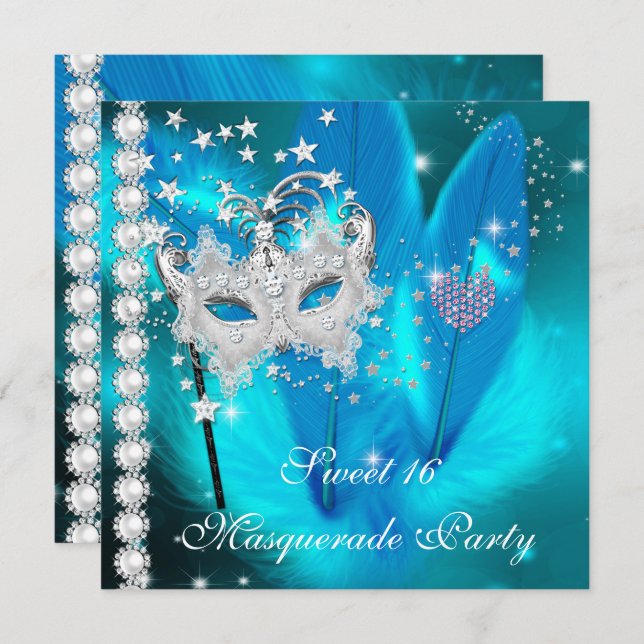 Invitation Masquerade Sweet 16 Turquoise Masque de plumes noi (Devant / Derrière)
