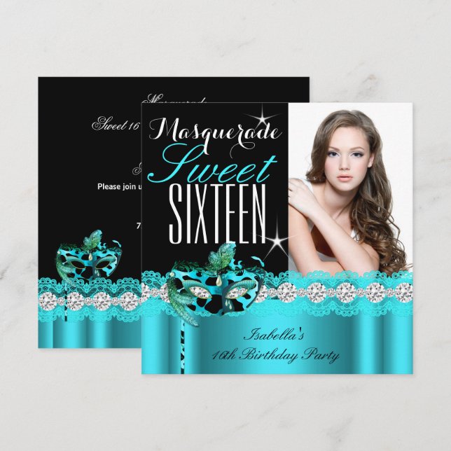 Invitation Masquerade Sweet sixteen Sweet 16 Turquoise photo  (Devant / Derrière)