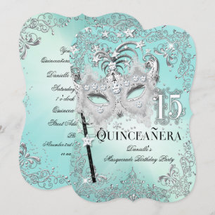 Invitation Masquerade Turquoise Argent pour Quince