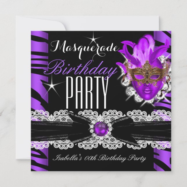Invitation Masquerade Zebra violet fête d'anniversaire (Devant)
