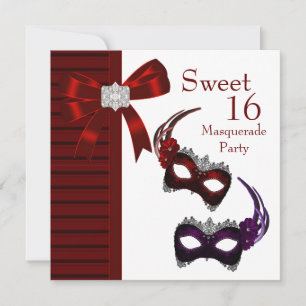 Invitation Masques à plumes rouges Sweet 16 Soirée masquée
