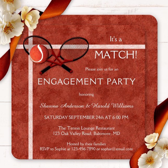 Invitation Match de Tennis Thématique Engagement Party Invita (Sportive engagement party invitation featuring two tennis rackets on a watercolor red field design)