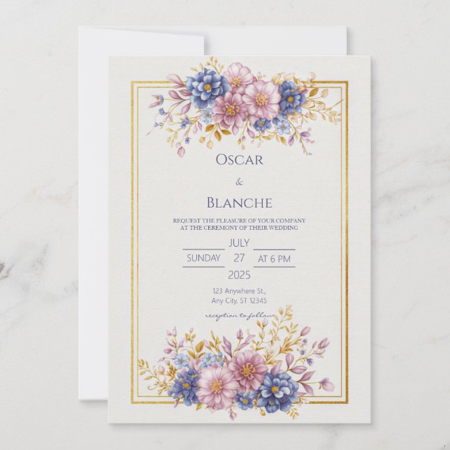 Invitation Mauve Blue Botanical Gold Frame Wedding (Devant)