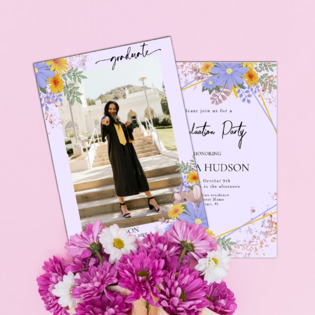 Invitation mauve chic floral aquarelle florale photo graduati (Créateur téléchargé)