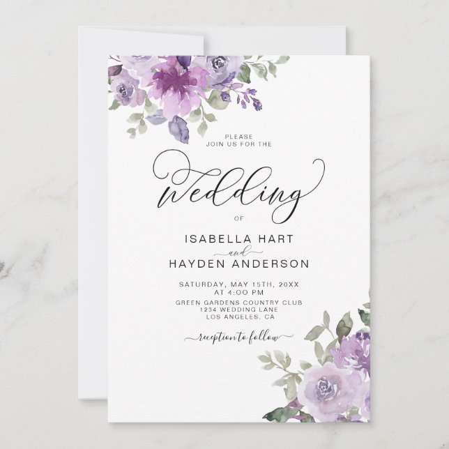 Invitation Mauve Elegant Lilac Dusty Mariage Floral Violet (Devant)