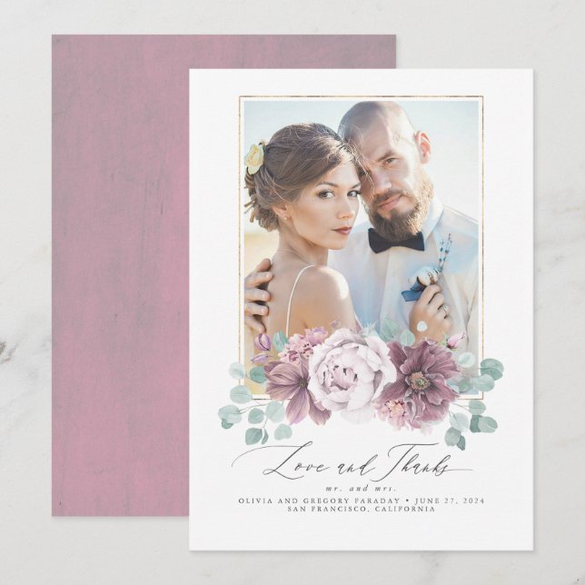 Invitation Mauve Floral Amour et Merci Mariage Merci (Devant / Derrière)