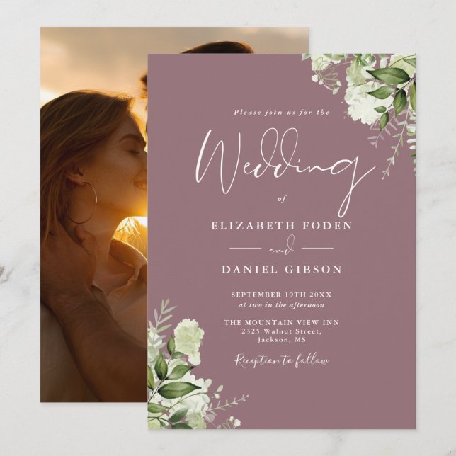 Invitation Mauve Greenery Floral Élégant Mariage photo (Devant / Derrière)