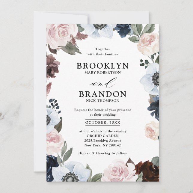 Invitation Mauve marine bleu poussiéreux et Mariage rose roux (Devant)