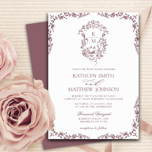 Invitation Mauve Monogram Floral Vintage Crest Mariage